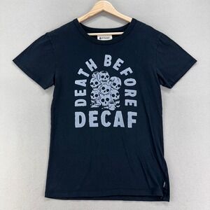 Death Before Decaf PYKNIC T-Shirt Mens Small Black Coffee Graphic Tee Barista‎